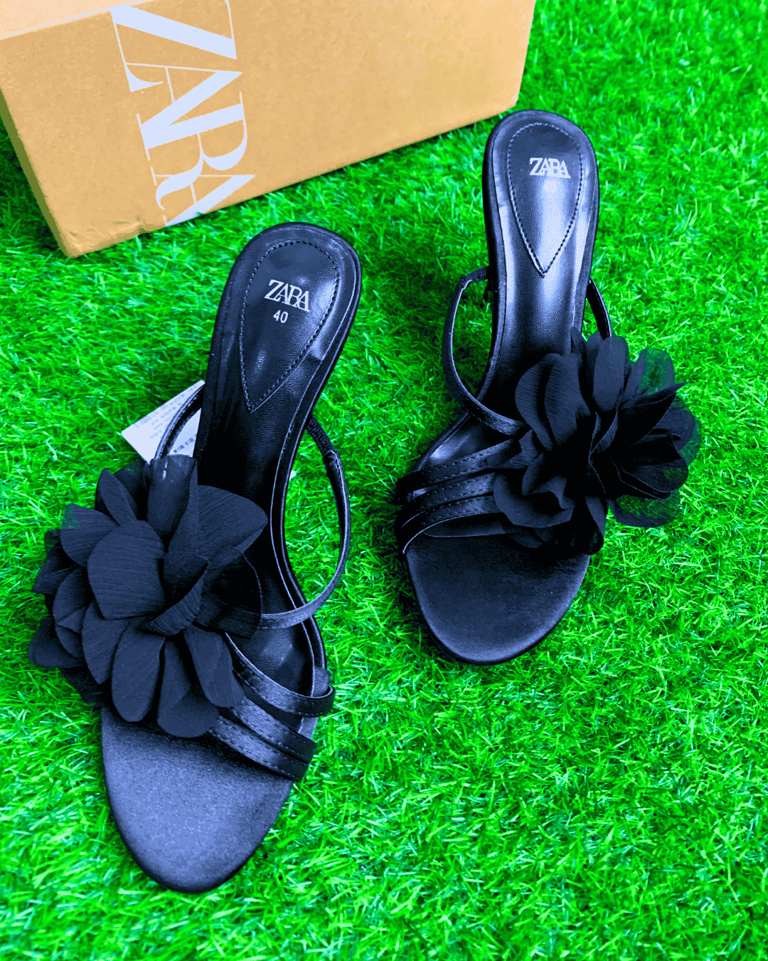 Satin Black Flower Heels