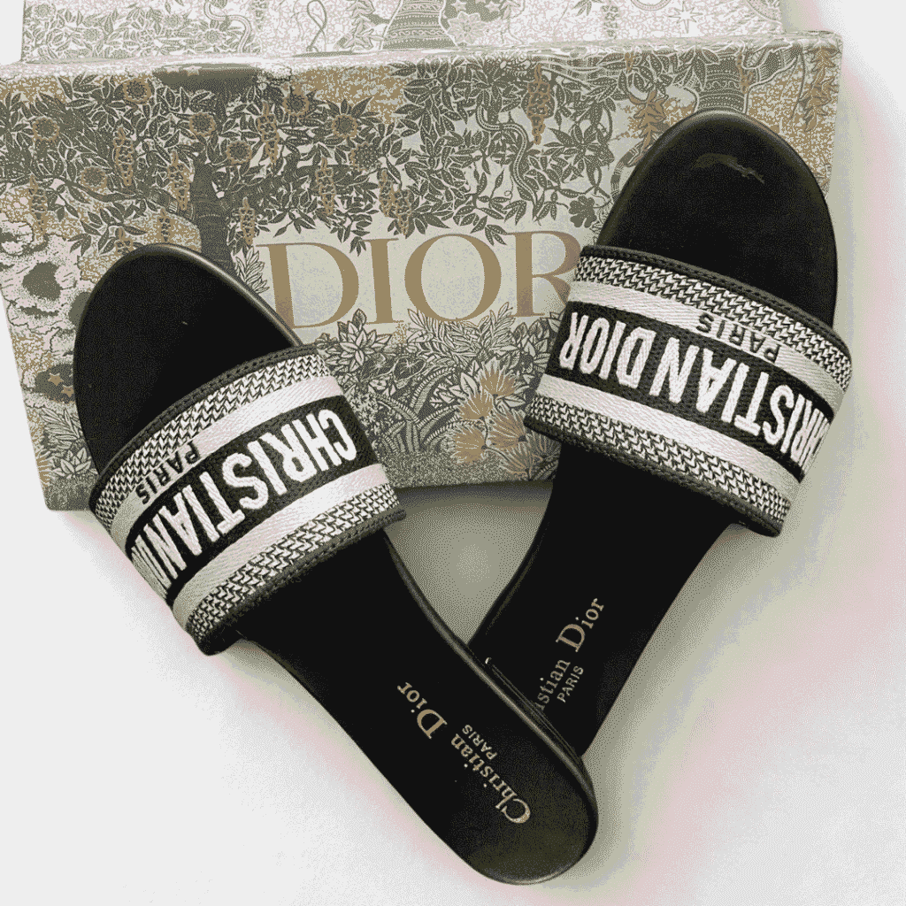 Christian Dior Dway Black Noir Fabric Slides Sandals