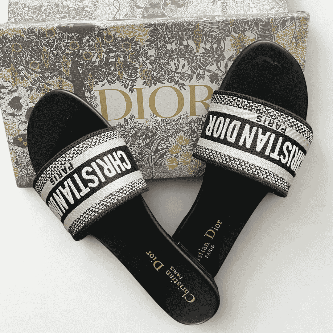 Christian Dior Dway Black Noir Fabric Slides Sandals