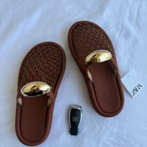 Zara Brown Gold-Buckle Slippers