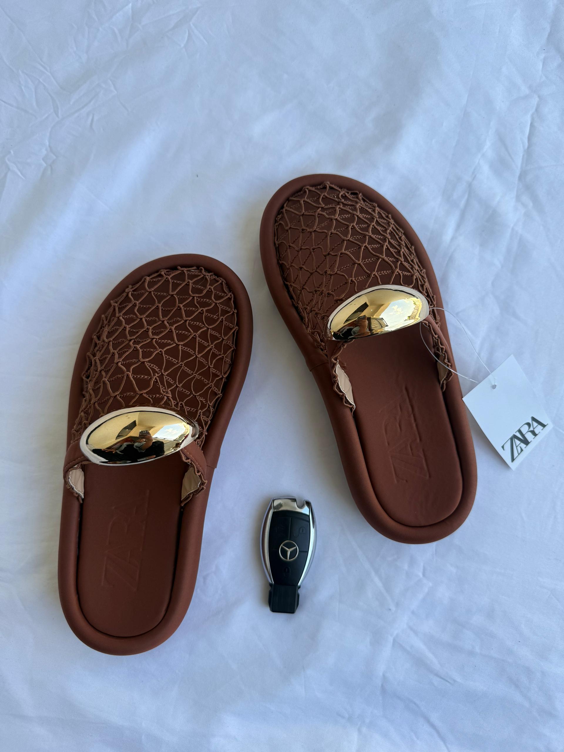 Zara Brown Gold-Buckle Slippers