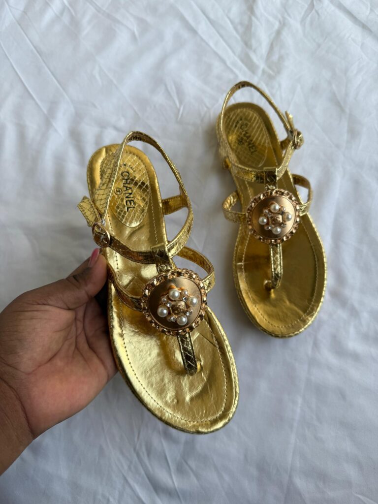 Chanel Pearl-Embellished Thong Sandals – Gold