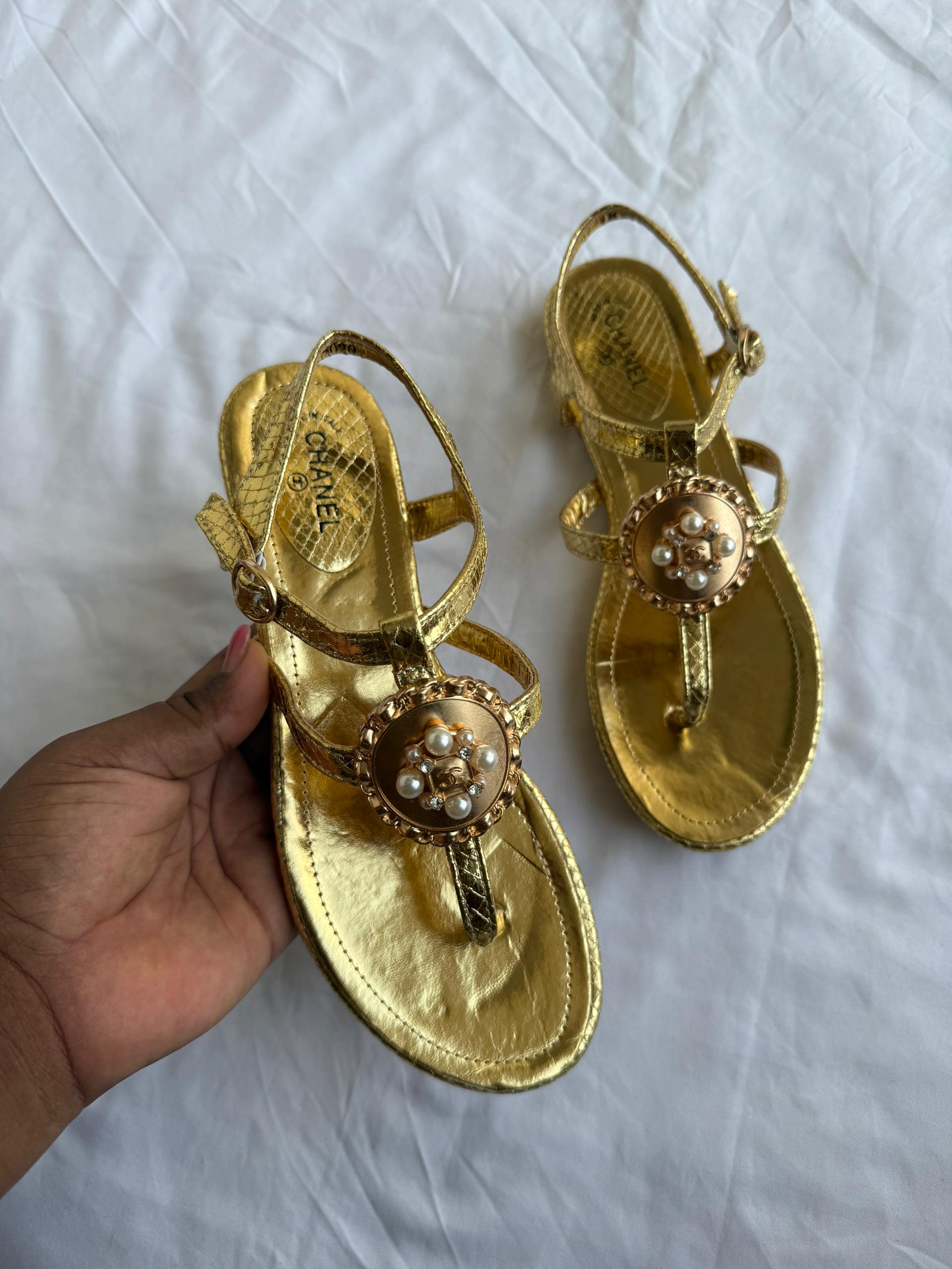 Chanel Pearl-Embellished Thong Sandals – Gold