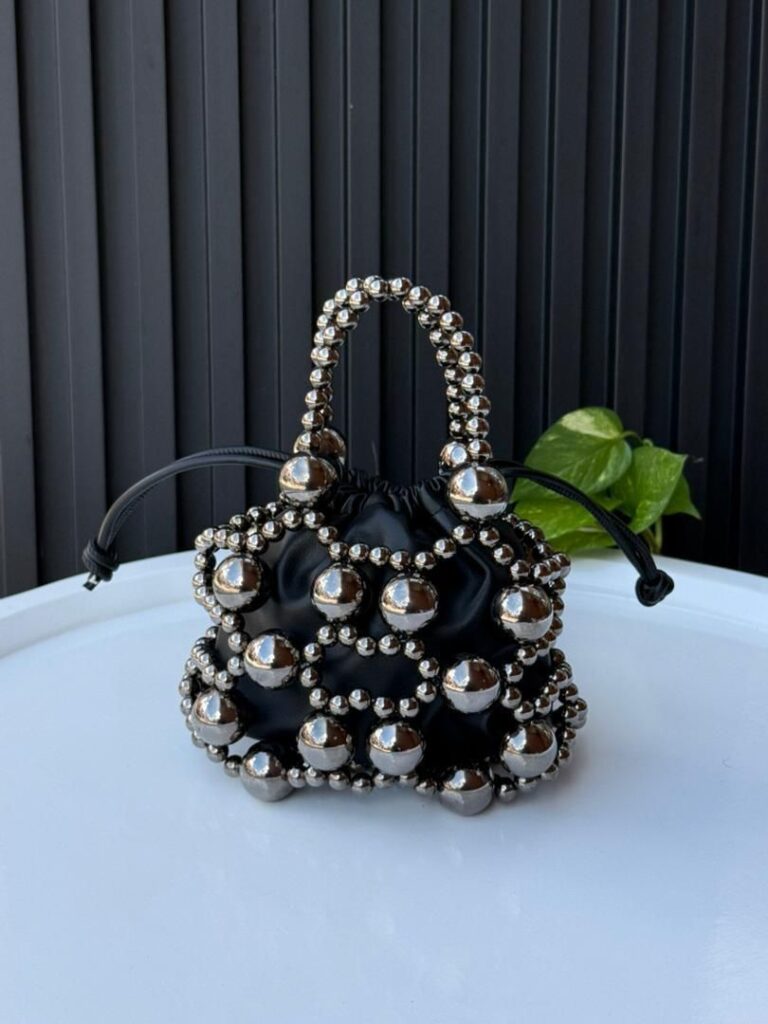Black Beaded Mini Drawstring Bag