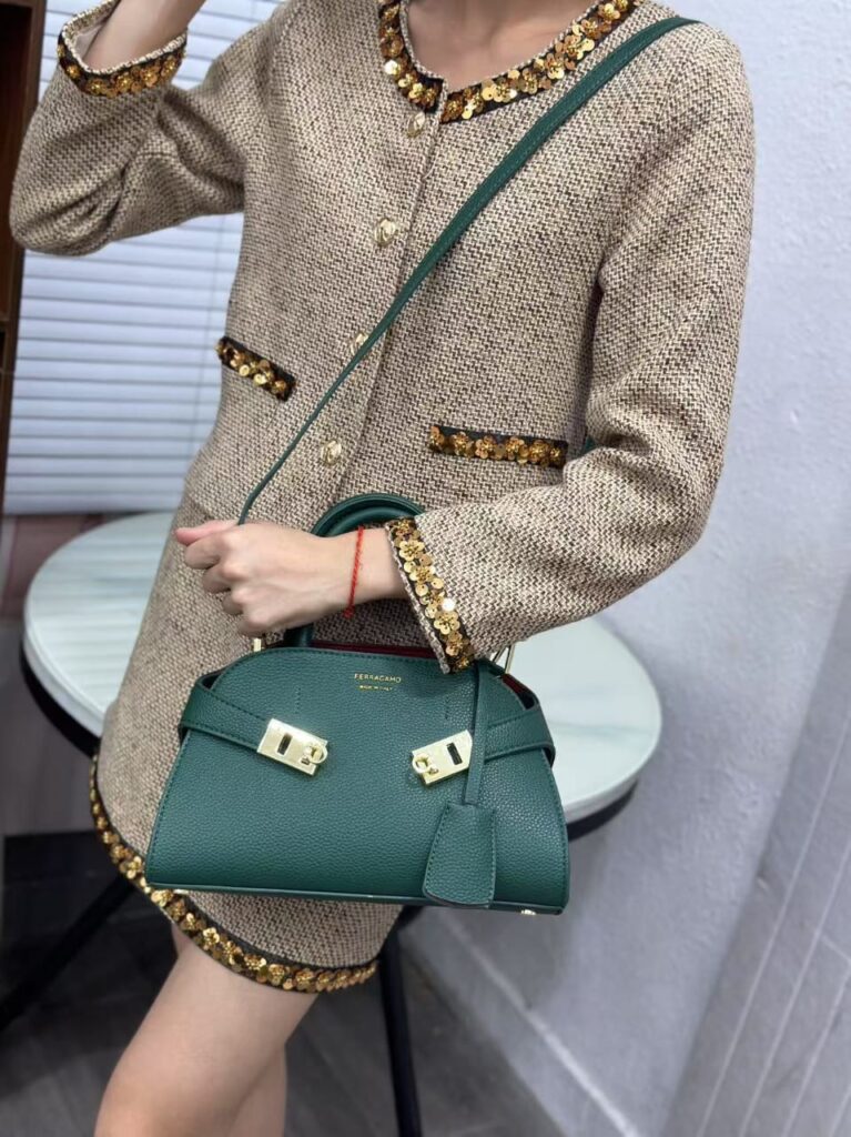 Green Ferragamo-Style Top Handle Bag