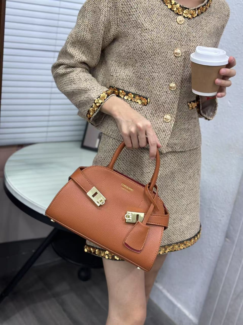 Brown Ferragamo-Style Top Handle Bag