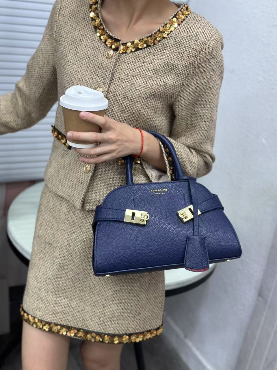 Blue Ferragamo-Style Top Handle Bag