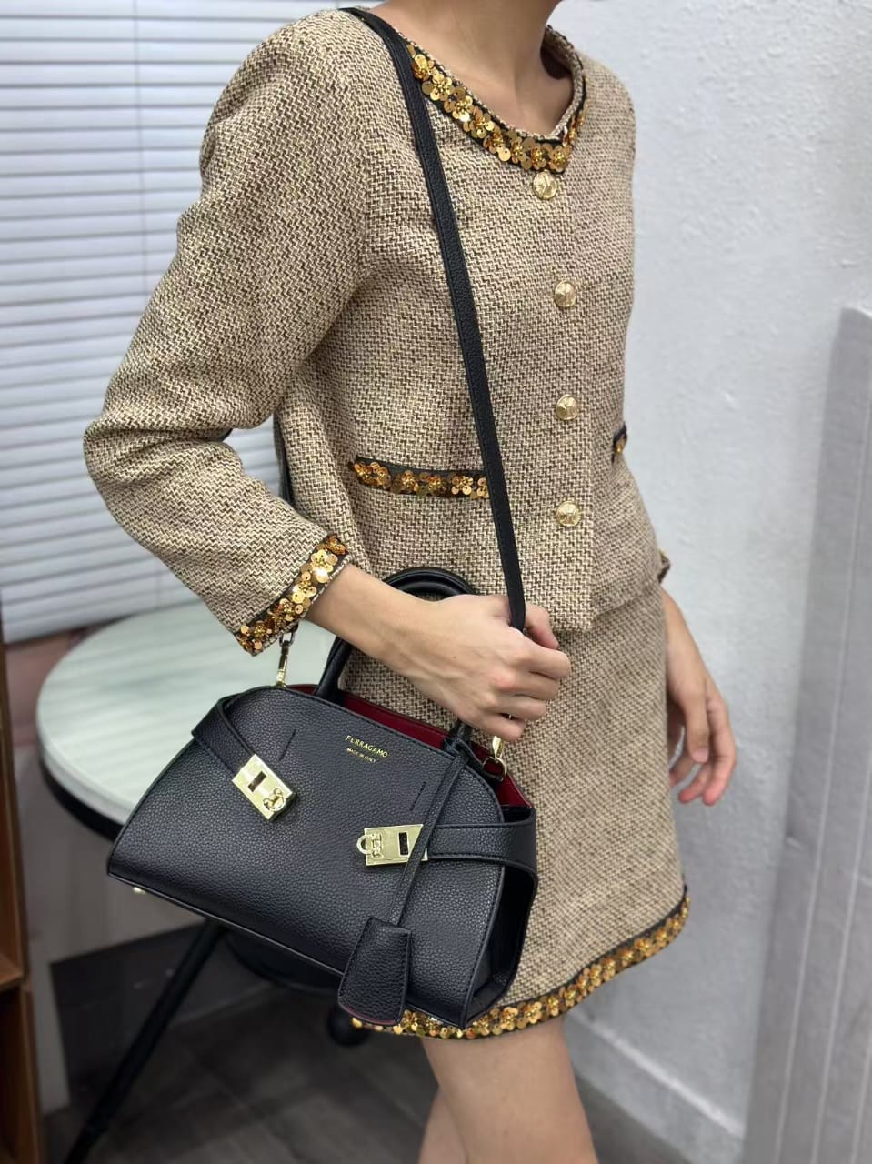 Black Ferragamo-Style Top Handle Bag