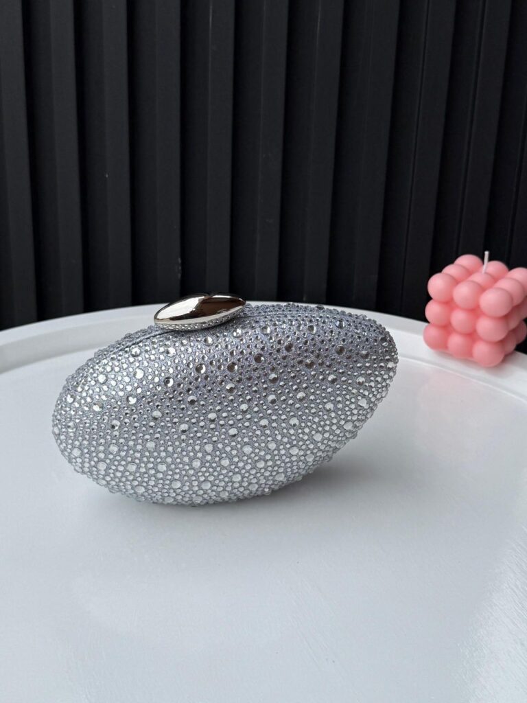 Silver Oval Crystal Evening Clutch