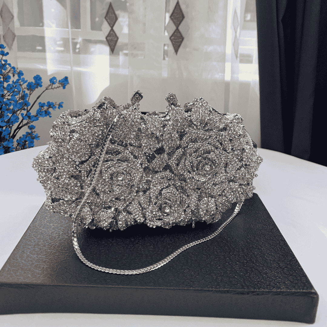 Silver Floral Crystal Evening Clutch Bag