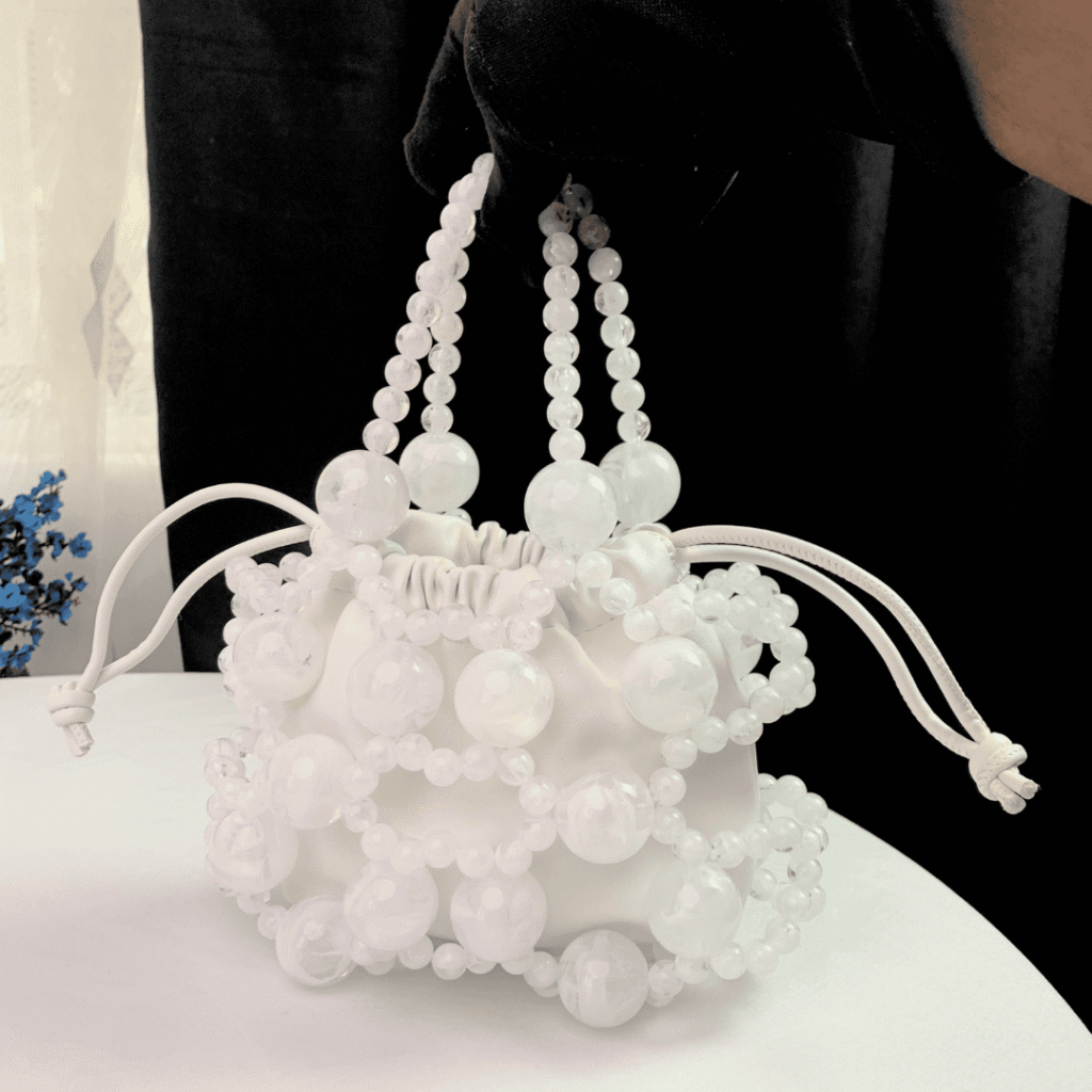 White Beaded Mini Drawstring Bag