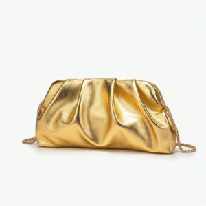 Gold Pleated Evening Clutch Bag with Chain Strap