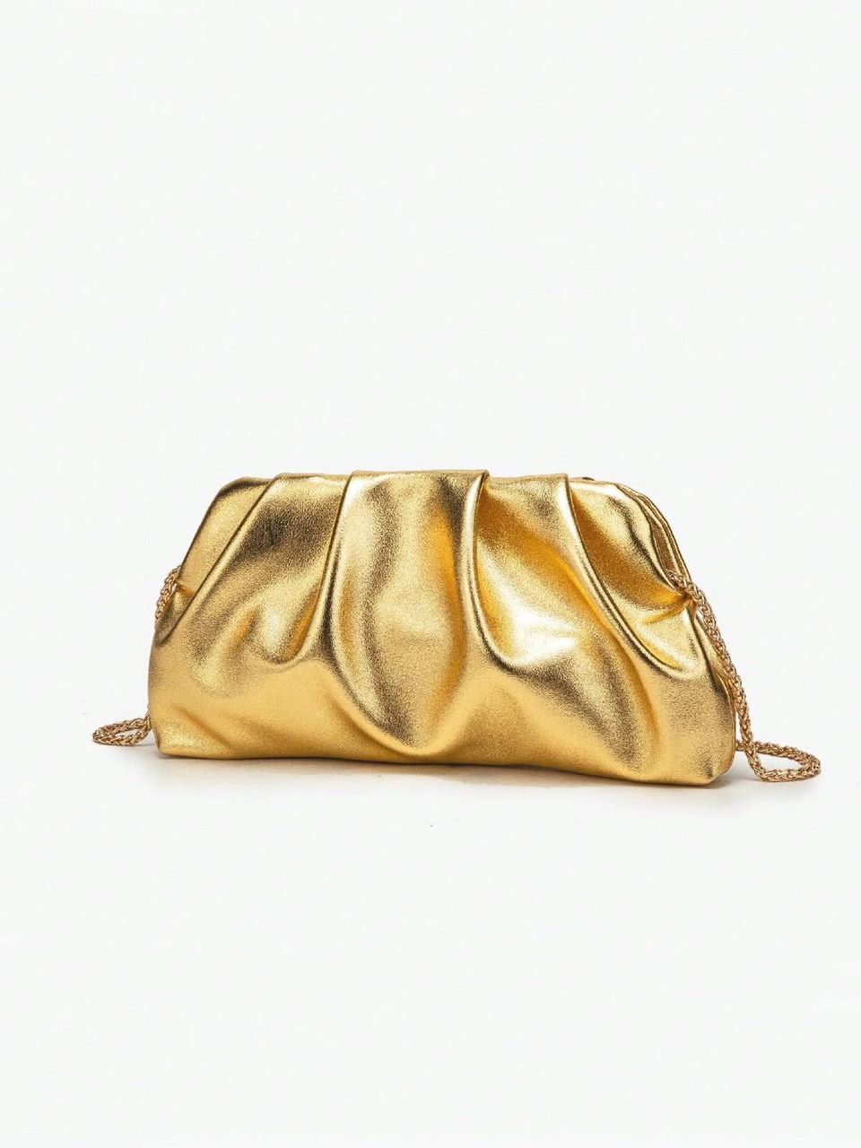Gold Pleated Evening Clutch Bag with Chain Strap