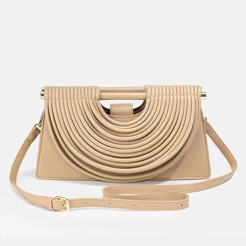 Beige Pleated Top-Handle Crossbody Bag